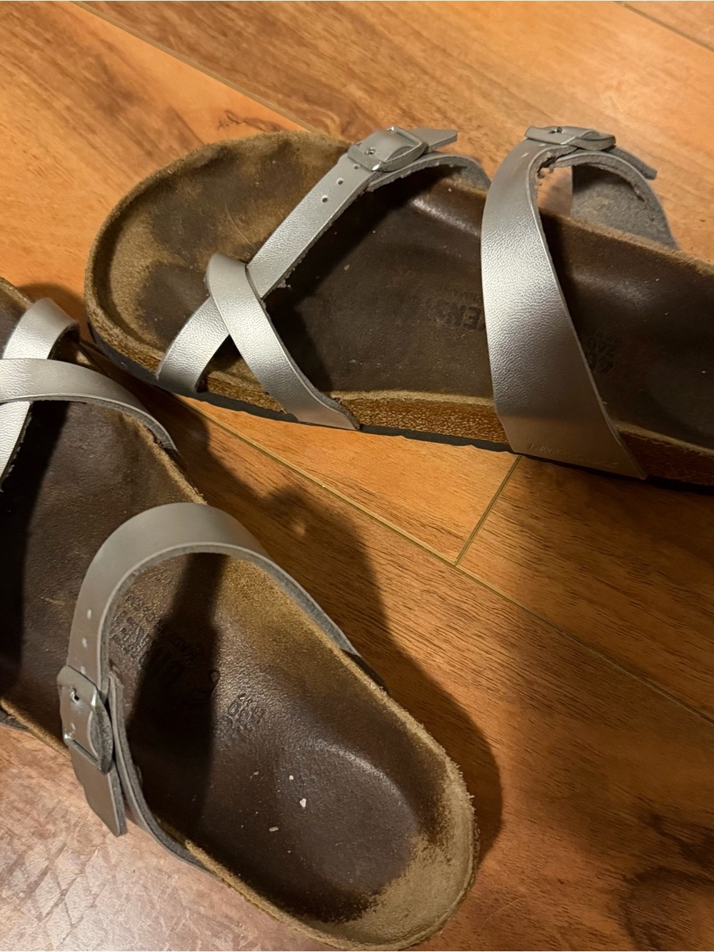 Birkenstocks Women’s Metallic Silver Strappy Cork Footbed Sandals
